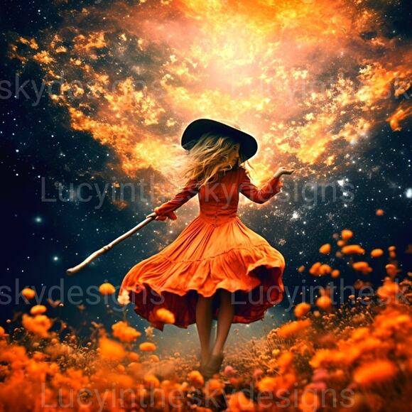 Magical Halloween Witch Universe Cosmo Dreamy Surreal Autumn Art Print - Picture 2 of 4